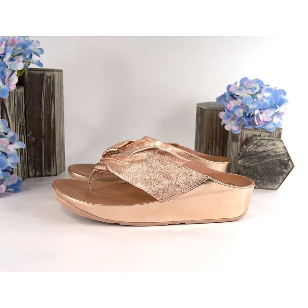 FitFlop Twiss Rose Gold Leather Slides Mule Wedge Sandals Size 39 NIB - Picture 4 of 9